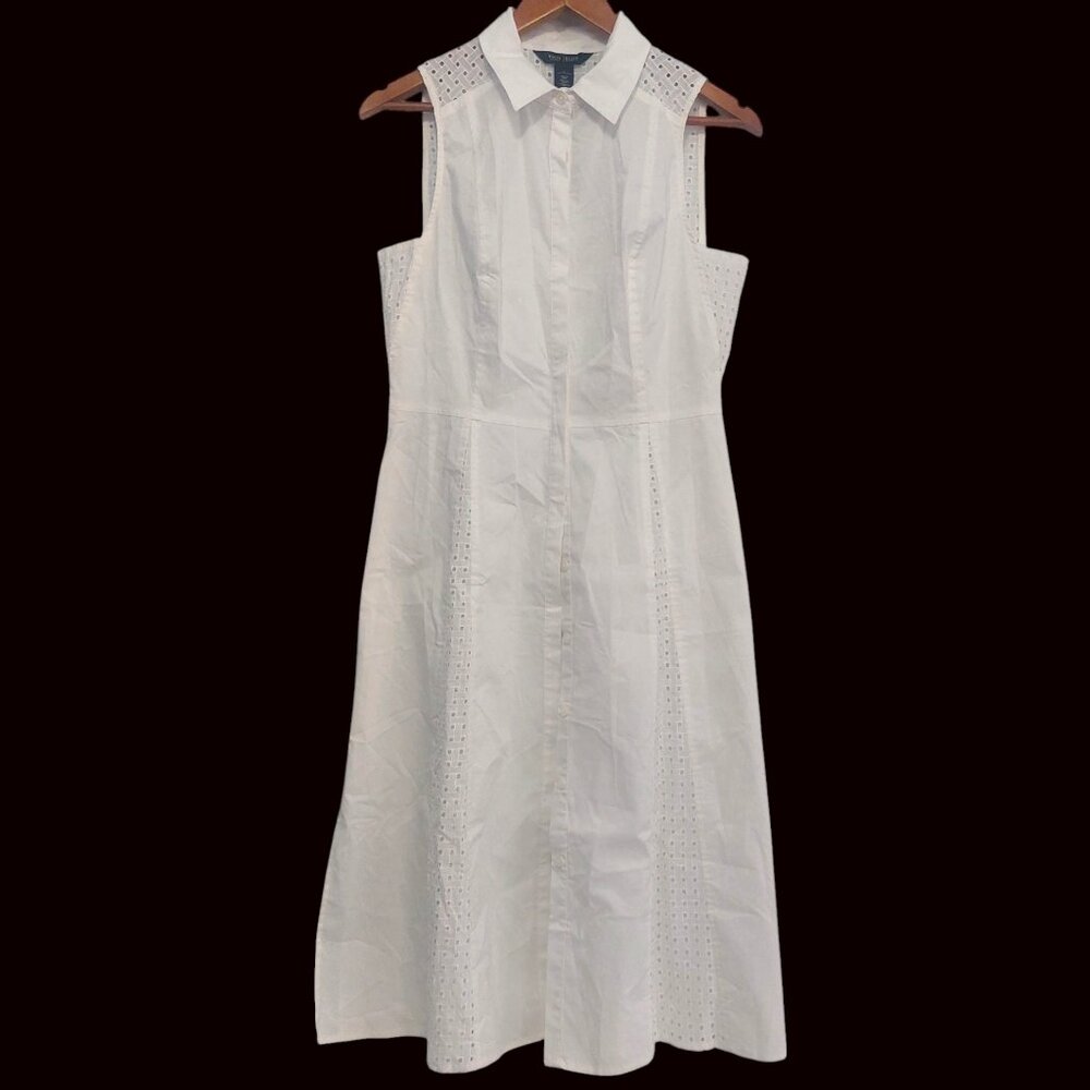 NWT White Eyelet Shirt Dress Size 8 Sleeveless Collared Midi Summer Bridal WHBM